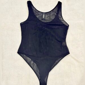 AKIRA Black Sheer Mesh Bodysuit | Sleeveless Scoop Neck | Size M